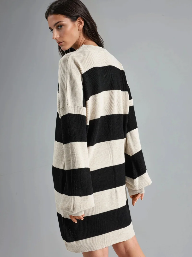 MY FASHION Natural MY FASHION Striped Mini Dress with Crew Neck for Women | Best Price UAE